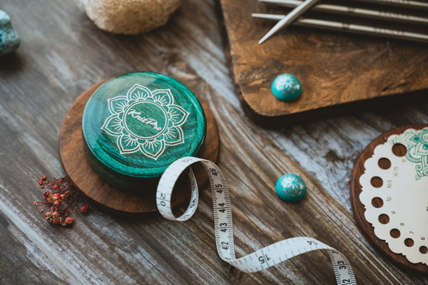 Knit Pro teal Wood retractable Tape Measure - Mindful Collection